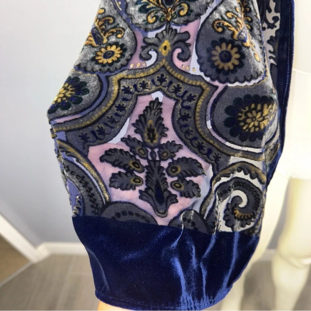 Women's Vintage‎ Velvet Abstract Burnout Blue Paisley Silk-Blend Scarf *READ